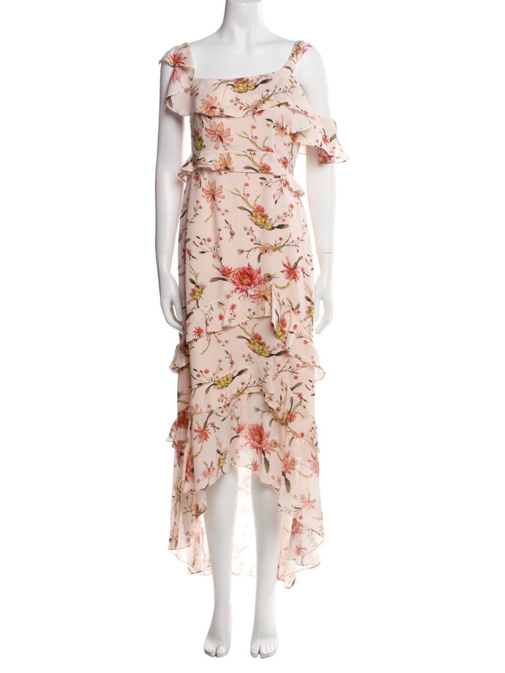 Rachel Zoe 100% Silk succulent floral maxi one off shoulder ruffle dress